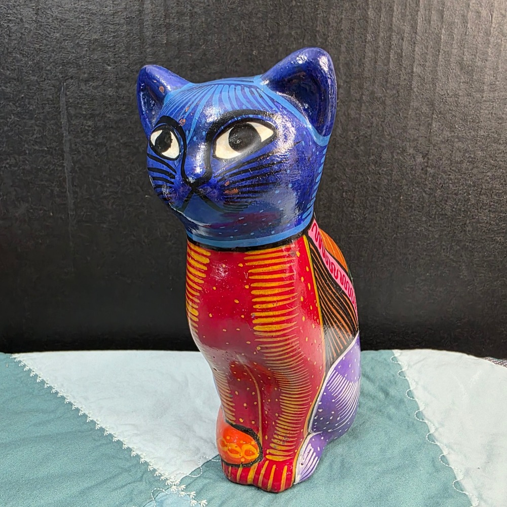 Mexican Folk Art Cat Figurine 8" Multi Color Hand Painted Terracotta Statue